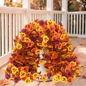 8 Pcs Artificial Fake Hanging Flowers Plants for Outdoor Fall Decoration,Faux Silk Pansy with Eucalyptus Leaves,UV Resistant Look Real for Outside Home Indoor Planter Porch Patio Yard Autumn Decor