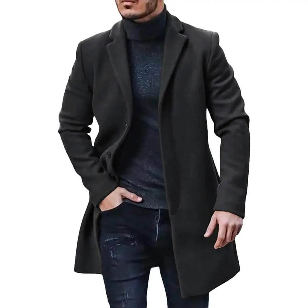 Mens Trench Coat Slim Fit Mid Length Pea Coat Winter Overcoat | Notched Collar,Single Breasted,Warm Peacoat Jacket,Soft Mens Dress Coat,Fall Winter Mens Trench Coat Long