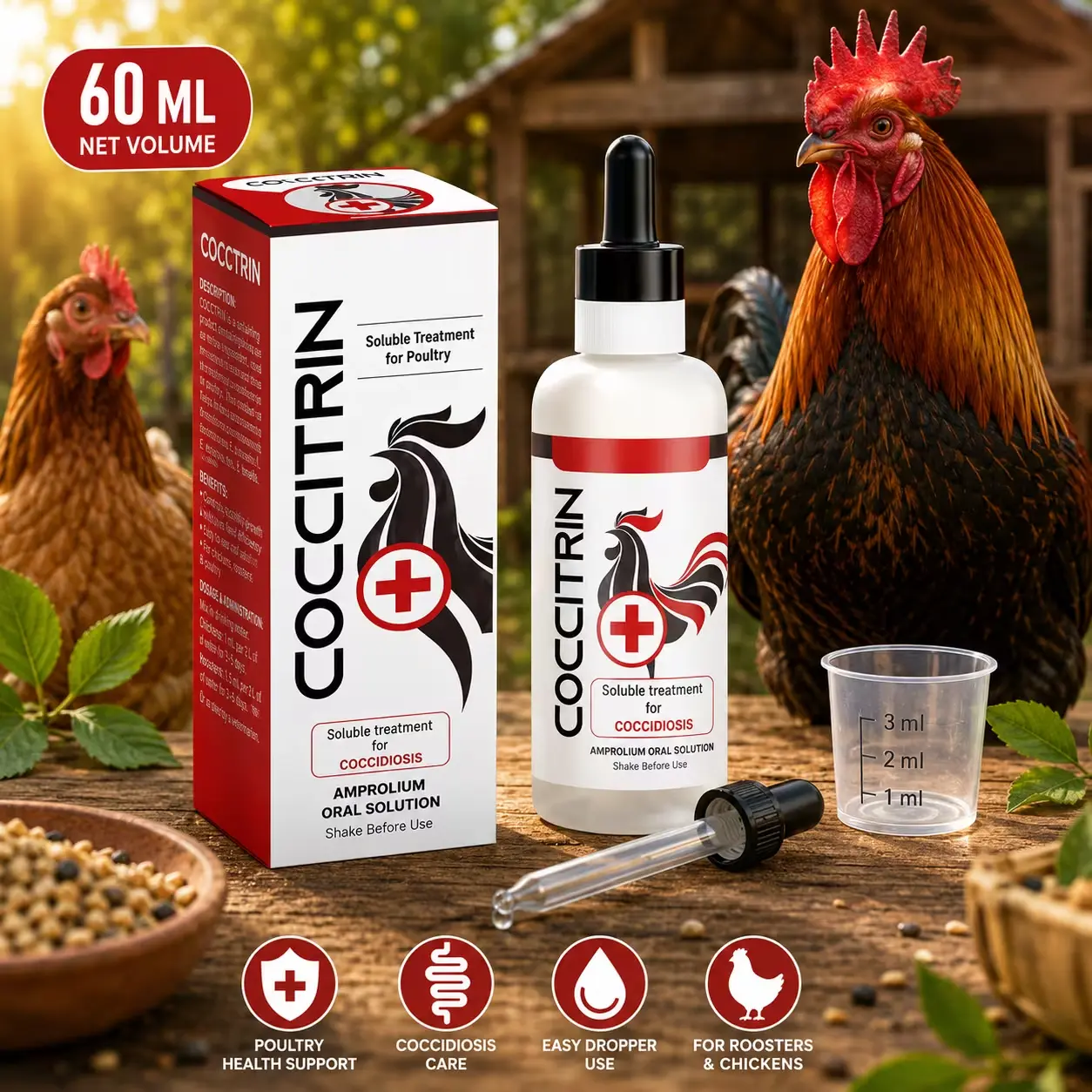 Rooster Coccidiosis Care Formula | Water-Soluble Amprolium for Poultry & Chickens | 60 mL