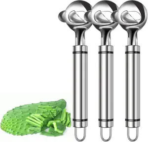 3Pcs Cactus Peeler Spoon, Stainless Steel Cuchara Pelador de Nopales, Multi-Function Cactus Peeling Knife Tool, Sliced Chinese Noodle Cutter with Hole with Long Handle for Cooking Kitchen Gadgets