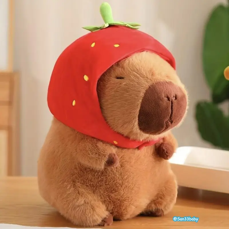 Ava Lalagaga Strawberry Capybara Soft Plush Toy - Hypoallergenic Unisex Stuffed Animal, Soft Cuddly Gift, Cute Anime Fluffy Room Decor, Party/Animals and Nature Themed Green Leaf Accent Creative Birthday Present