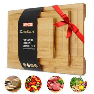 SliceElite Bamboo Cutting Board Set of 3 with Handles Durable Non-Toxic Eco-Friendly Organic Bamboo Dishwasher Safe Stylish Functional Kitchen Essentials for Meat Vegetables Ideal Gift Choice - Wooden