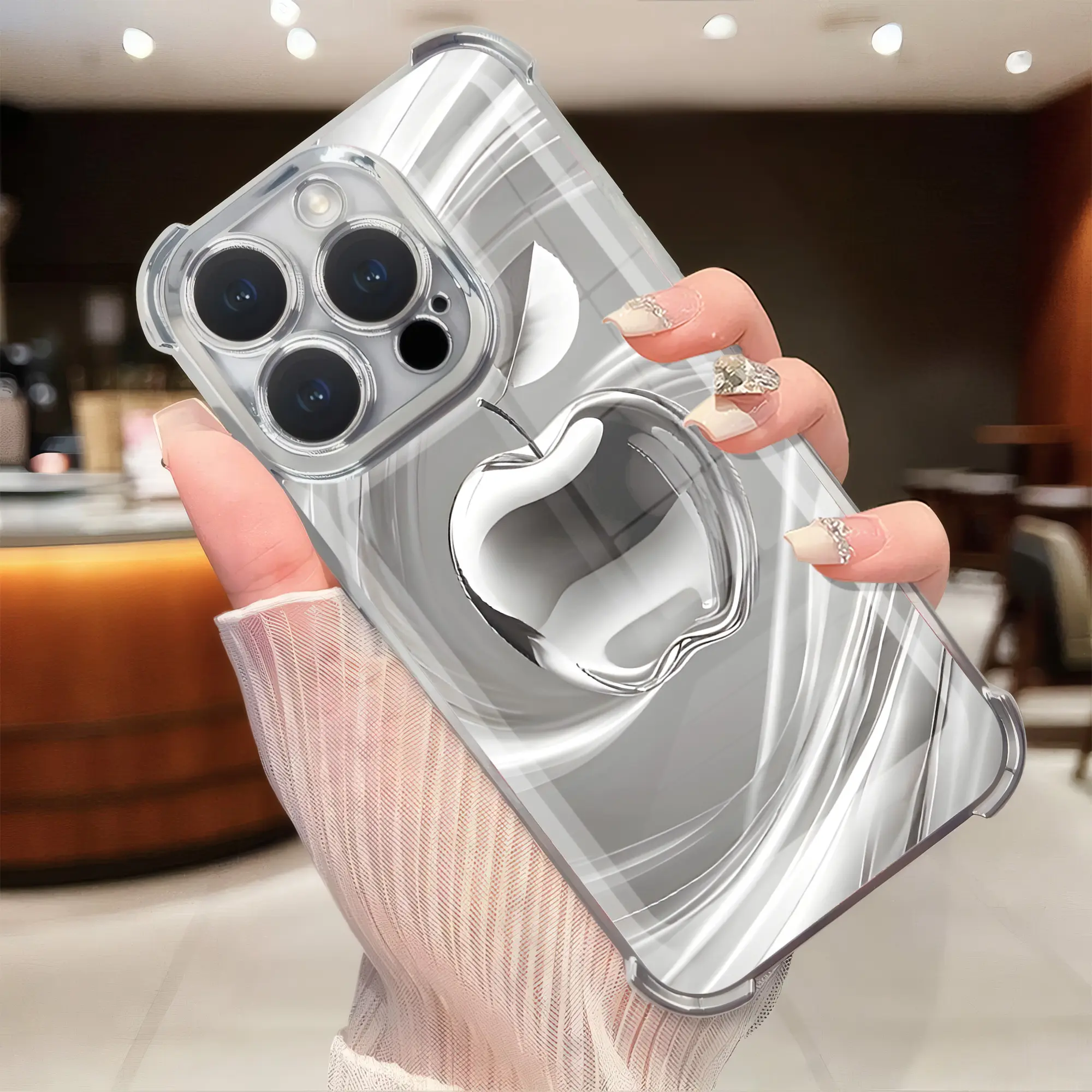 Reinforced Anti-Drop Transparent Silicone Protective Case, 2D Print With Fake 3D Metallic Apple Grey Flow Wave Aesthetic Compatible With All iPhone Models 17 16 15 14 13 12 11 X Xsmax Plus Pro ProMax