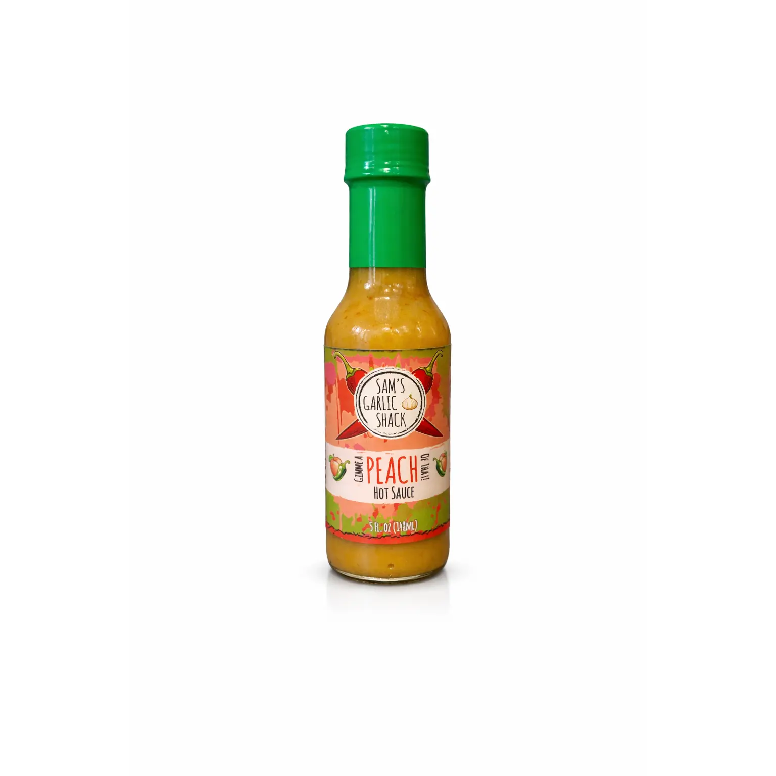 Sam's Garlic Shack Gimme a PEACH of That Hot Sauce 5 oz. Glass Bottle - Sweet Zingy Party in Every Bit