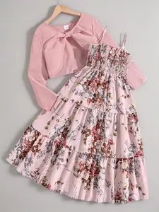 Girls' 2-Piece Flower Print Set, Bow Design Short Jacket & Strapless Dress, Elegant Sweet Fashion for Daily Wear, Floral Dress, Cute Dress, Ditsy Floral Dress