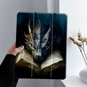 Dark Fantasy Dragon & Book iPad Case with Pencil Holder, Shockproof Protective Cover for iPad 7.9/8.3/10.2/10.5/10.9/11/12.9/13 inch, Mystical Library Art Design for Fantasy Lovers, Perfect for Daily Use & School