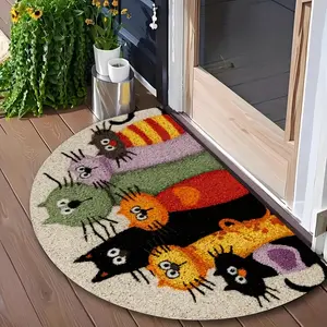 Half Round Humorous Cartoon Cat Mat, Colorful Non-Slip Indoor Outdoor Rug, Entrance Hall Garden Kitchen, Durable Polyester Gift for Cat Lovers