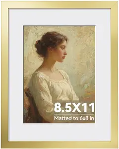 8.5x11 Picture Frame Gold, Gold Picture Frames Display Photos 6x8 with Mat or 8.5x11 Without Mat, 1 Pack Plastic Frame for Wall & Tabletop for Home Decor