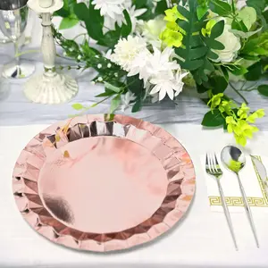 25-Pack Paper Round Charger Plates 12" Metallic Rose Gold with Geometric Prism Design - 400GSM Disposable Serving Trays