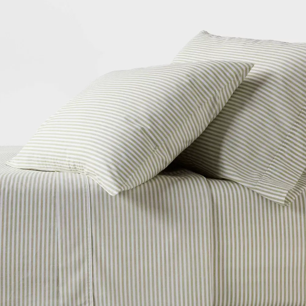 Full 250 Thread Count Organic Percale Sheet Set Sage Green Stripe - Threshold: GOTS Certified Teen & All Ages 4-Piece Set