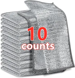 10 Counts  double-layer Dishwashing Rag.  Muftipurpose Non-Scratch Wire Dishcioths forWet and Dry Use, Reusable Wire CleaningCiotns for Kitchen, Sinks, and Pans SiverRemovabie, Washable & More