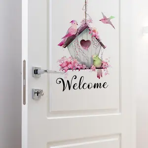 Cute Bird & House Pattern Door Sticker, Welcome Removable Self-adhesive Door Sign, Decorative Sticker for Home Living Room Front Door, Home Decor Collection, Door Decorations