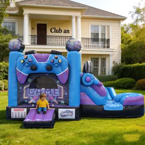 18FT x 12FT Arcade Theme Inflatable Bouncy Castle & Water Slide Combo - 2-in-1 Wet/Dry Backyard Bouncer with Blower, Safety Mesh, Reinforced PVC Construction, Kids' Outdoor Playground Equipment