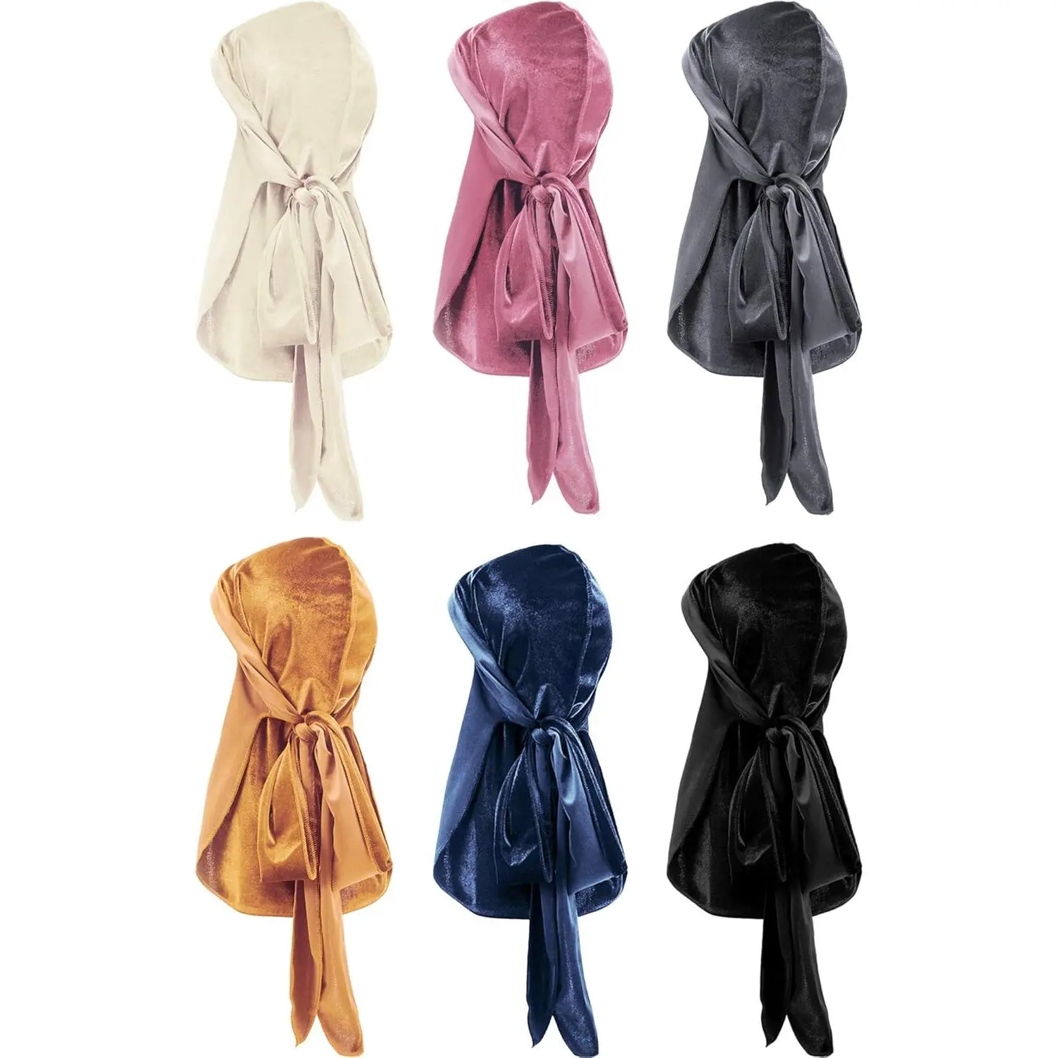 6 Pack Velvet Durags, Unisex Solid Color Wave Caps for 360, 540, 720 Waves, Headwrap with 41 inch Straps for Everyday & Bikers Use, Extra Long Tail, 41 Inch/105 Cm, Breathable, Wide Straps, Daily, Biker Use, Fashion, Hip-Hop Lovers, Skin-Friendly, Stretch