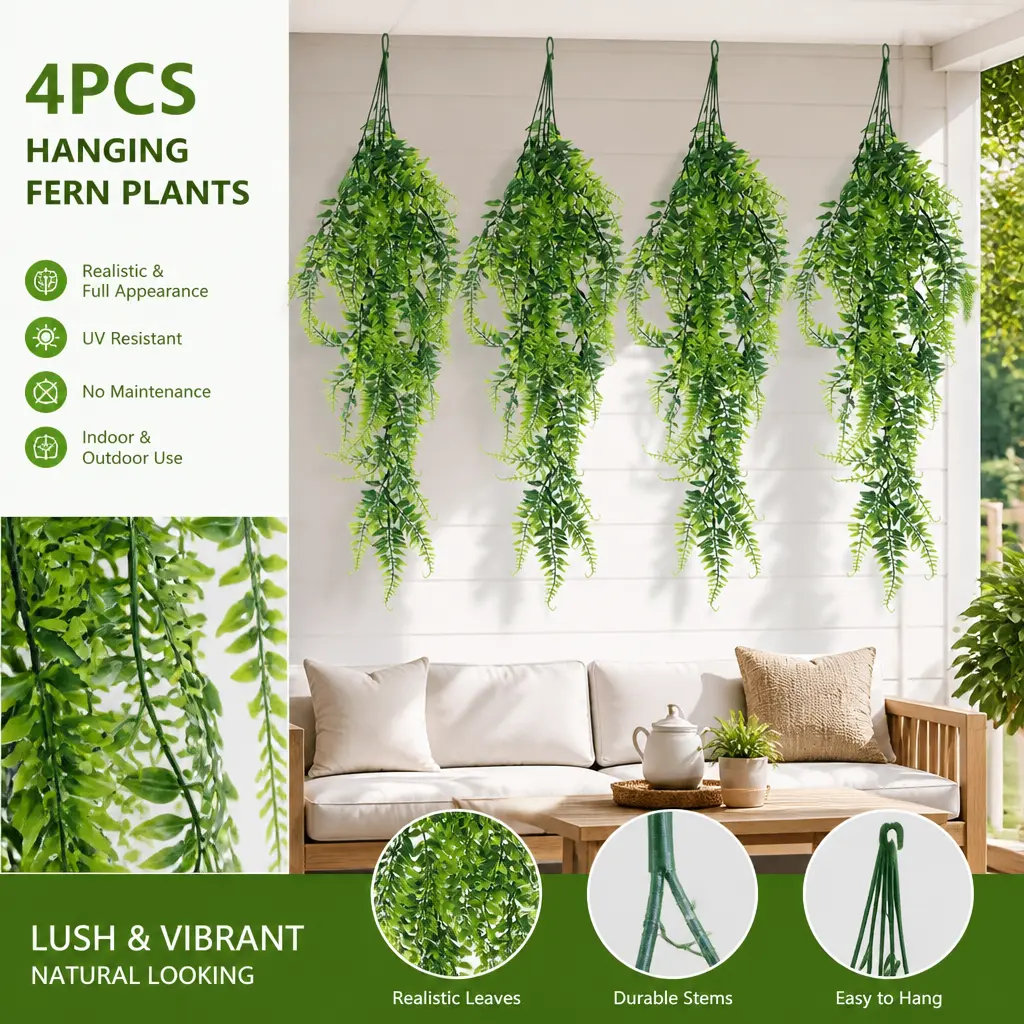 4pcs 33 Inches Each Synthetic Artificial Hanging Fern Plants - UV-Resistant, Durable Foliage Fake Ivy Vine Greenery for Indoor-Outdoor Decor (Bedroom, Living Room), Farmhouse Aesthetic Specialty Kitchen Accent | Summer Mid-Year Deals, Restock