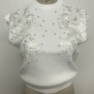 White Blouse with Embroidered Flowers and Rhinestones for Women's Fashion