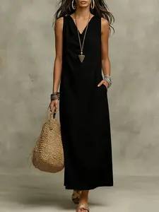 Women's Solid Cotton Linen Dress, Elegant Sleeveless Pocket Long Skirt, Casual Vacation Style, Summer Beach Outing Commute