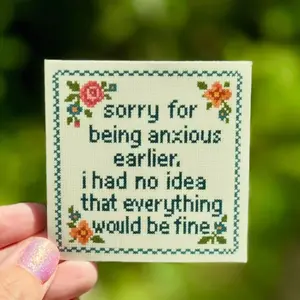 Funny Anxiety Sticker – Cross-Stitch Style Vinyl Decal with Floral Border, Laptop Water Bottle Decal