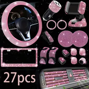 27-Piece Luxury Shiny Car Accessories Set, Crystal Rhinestone Car Interior Kit, Girly Car Interior Sets, Steering Wheel Cover, License Plate Frame, Phone Holder, Cup Mat, Car Interior Accessory, Car Interior Decorative