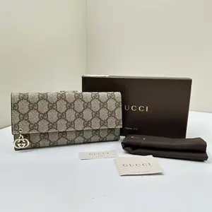 Pre-owned GUCCI GG Supreme Canvas Wallet Interlocking G Charming Flap Beige CPU0518