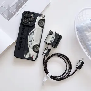 6 Piece Cool Car Phone Case Set, Includes Charger Cover, Cable Protector, Storage Rope, Data Line Wrap, Tpu Shockproof Shell for iPhone