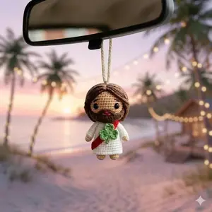 Crochet Jesus Car Charm Handmade Rear View Mirror Ornament, Drive With Faith Christian Car Decor, Gift Box Charm for Her