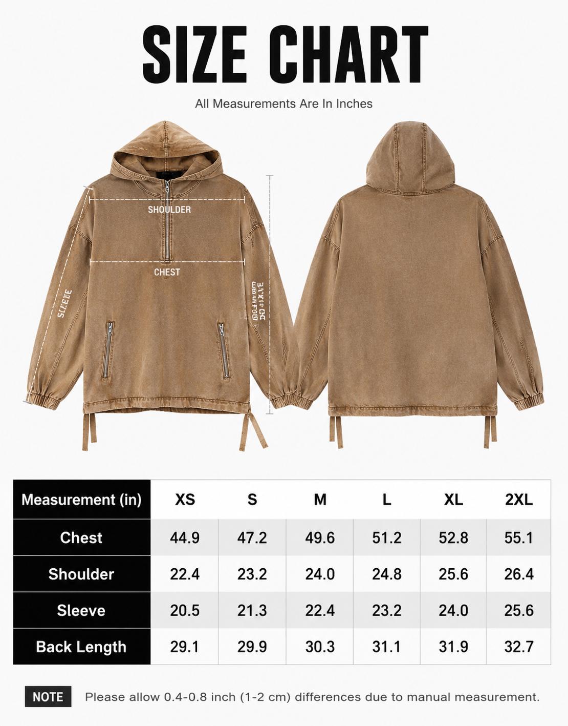 Gihuo Unisex Cotton Washed Denim Hoodie Vintage Oversized Half Zip Pullover Sweatshirt with Zip Pockets, Long Sleeve Casual Hooded Sweatshirt for Baggy Cargo