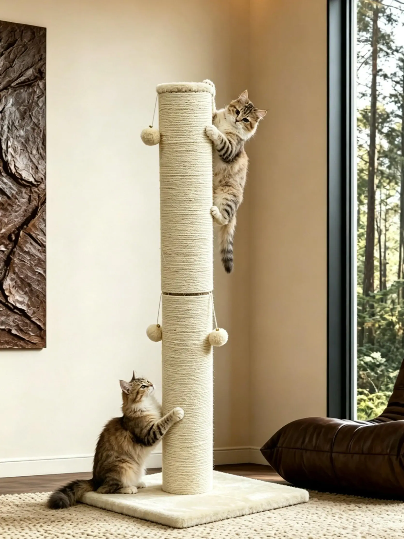 Tall Cat Scratching Post for Large Cats, Thick Sisal Rope Cat Scratcher Tower with 4 Dangling Plush Balls, Heavy Duty Cream Cat Scratch Post for Indoor Cats