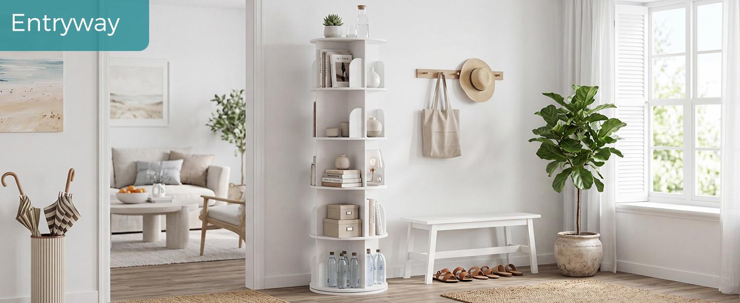 3-5 Tier Rotating Bookshelf Tower, Small Spinning Bookcase Lazy Susan | Freestanding 360° Display Revolving Book Shelf Storage Rack, Vertical Corner Organizer for Bedroom, Living Room, Modern White