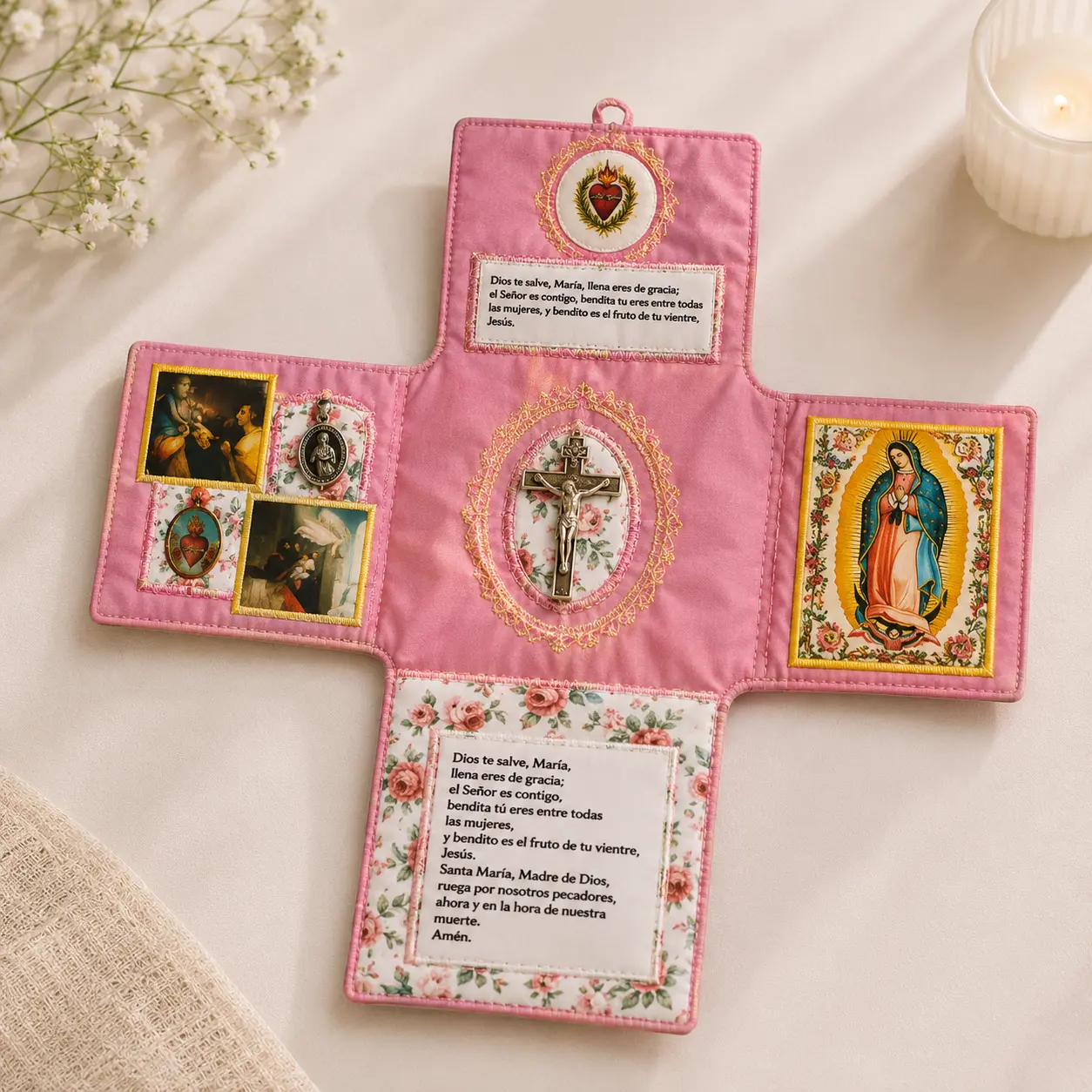 Handmade Catholic Prayer Pocket, Sacred Heart & Virgin Mary Cross Set with Tarjeta de Oración en Español & Linen Gift Bag