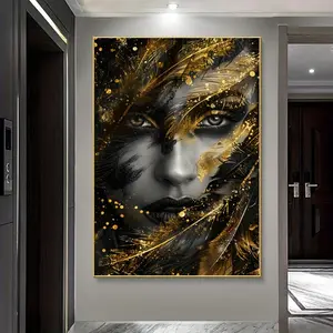 Frame not included Modern Abstract Golden Feather & Black Woman Canvas Art, - Frameless Wall Decor for Living Room and Bedroom, for Return School