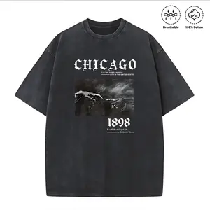 Washed T-shirt [Chicago 1898 Graphic Tee] Men's Chicago 1898 Graphic T-Shirt - Casual Crew Neck Short Sleeve Tee with Bold Letter Print, Black & White Design, Lightweight Summer Fabric for Casual Attire, Breathable Clothing |   Graphic Print Tee |   Knitt