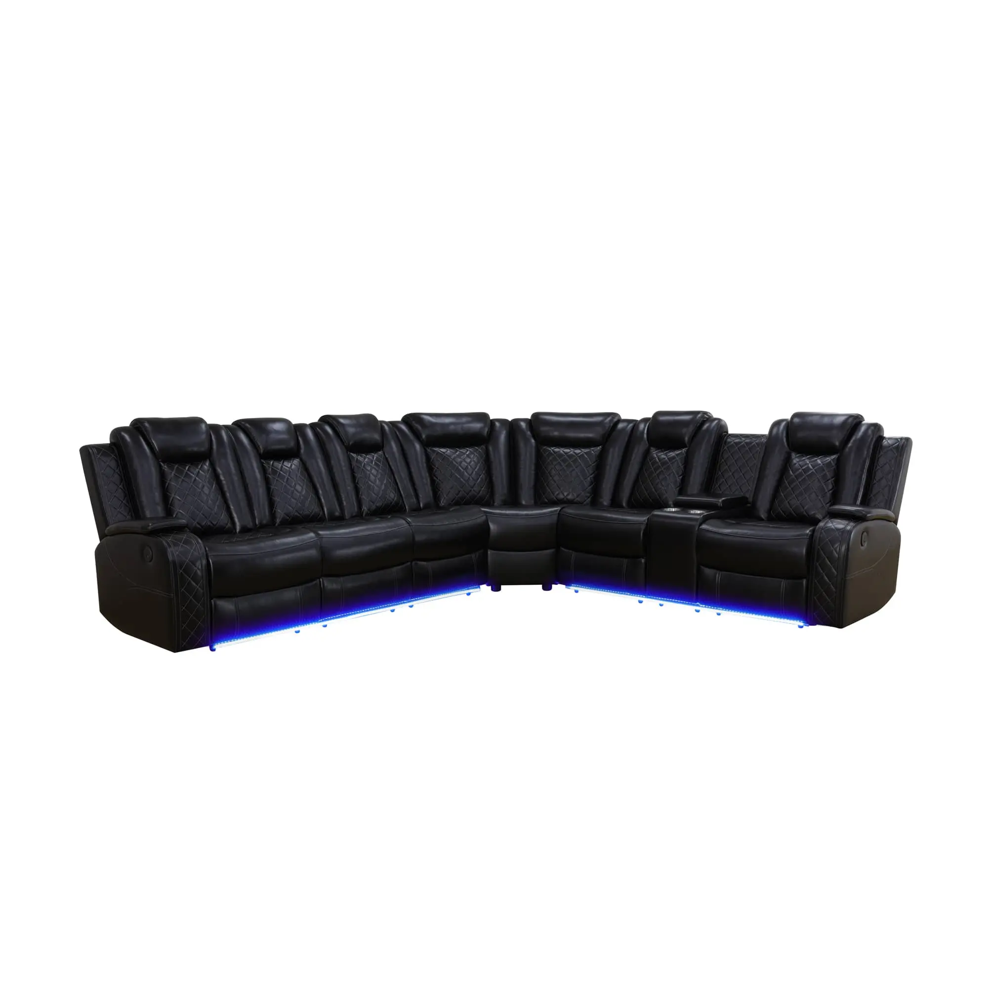 Power Reclining Sectional Sofa, Black Faux Leather Home Theater Seating Unit with Hidden Storage Console, LED Base Lighting & Padded Headrest for Movie Night