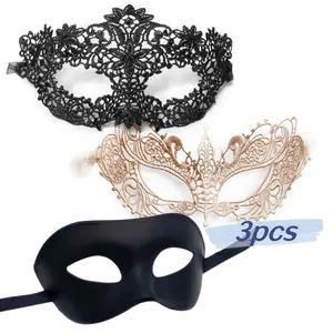 Masquerade Mask for Couples Women and Men - 3 Pack Venetian Gold and Black Lace, Mardi Gras Mask Kit party prop
