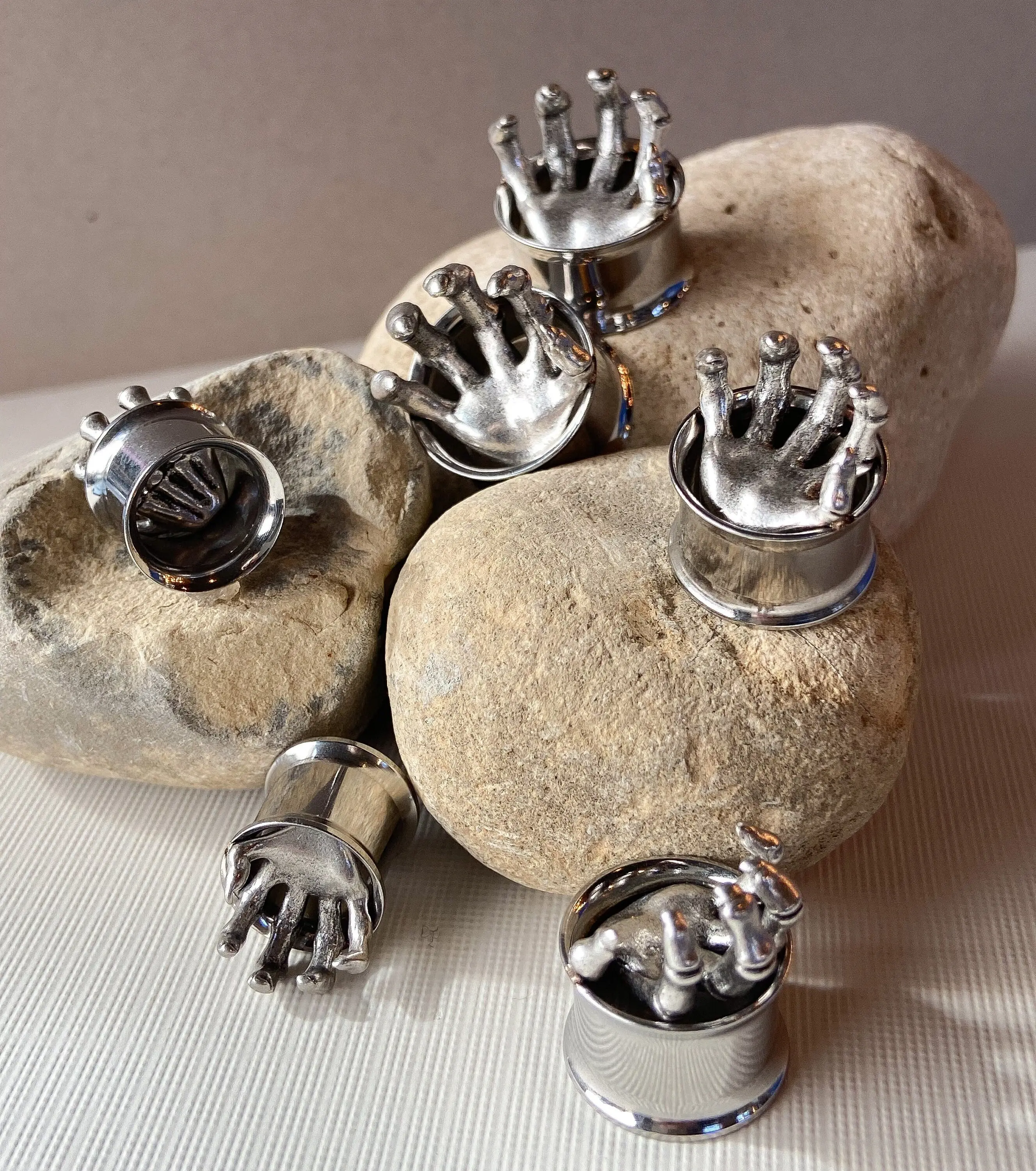 PAIR of Scary Skeleton Hand Steel Double Flare Gothic Claw Tunnels / Plugs - Gauges 2g (6mm) thru 5/8" (16mm)