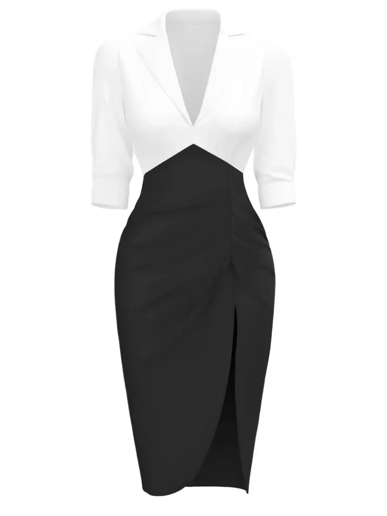 RETRO STAGE Lady's 1960s Stylish Women's Wear Colorblock Bodycon Dress - Notched Collar, Ruched Fit, Cold Wash, Elegant Casual Summer Everyday Dress