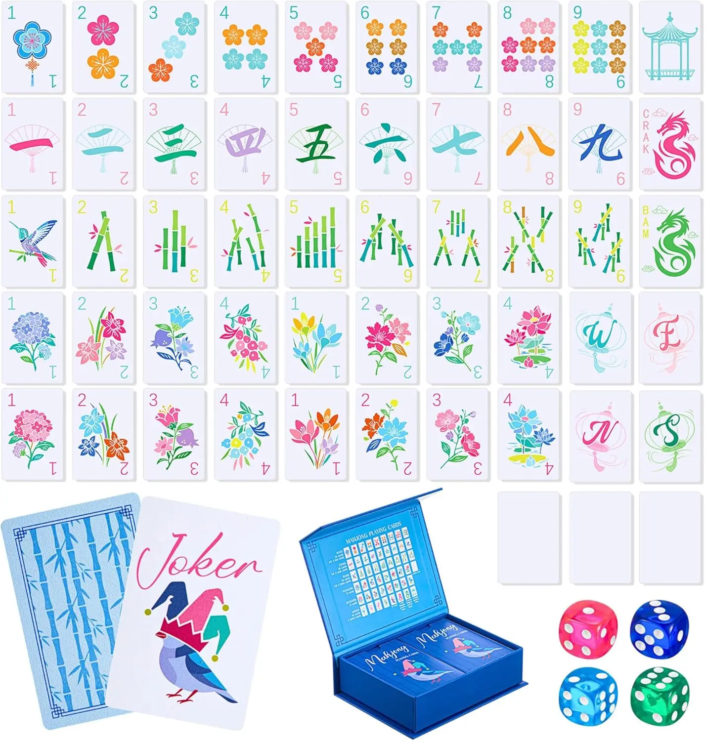 168-Piece Vibrant American-Style Numbered Large Print Scratchproof PVC Tile Playing Card Set, 4 Dice, 2 Storage Boxes for Travel, Home Use, Portable Floral Blue Gift summerwins,