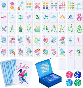 168 Pcs Mahjong Playing Cards American Style Blossom Numbered Large Print PVC Poker Mahjong Tiles with 4 Dices 2 Storage Box for Travel Home, Portable Gift(Floral,Blue)