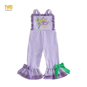 Mardi Gras Toddler Girls Jumpsuit Sleeveless Elastic Waistband Embroidery Plaid Print Romper Toddler Bell Bottoms