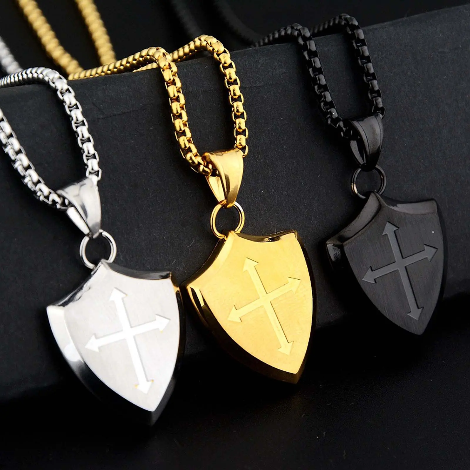 Stainless Steel Engraved Cross Shield Necklace – Unisex Faith Jewelry for Daily Wear, Couples & Personalized Gifts