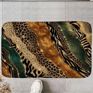 Luxury Leopard Print Doormat Zebra Stripe Emerald Green Welcome Mat Non Slip Absorbent Entrance Floor Rug Gold Foil Patchwork Animal Texture Area Carpet Front Door Indoor Outdoor Home Decor Foot Pad