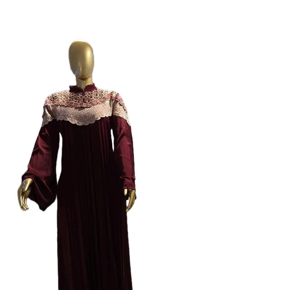 Elegant Maroon Maxi Dress with Embroidered Lace Collar and Long Sleeves for Women