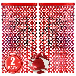 Valentine's Day Heart Foil Fringe Curtain Set, 3.3 x 6.6 Feet Heart-Shaped Window Door Drapes for Birthday/Wedding/Singles Party, Window Decorations Supplies