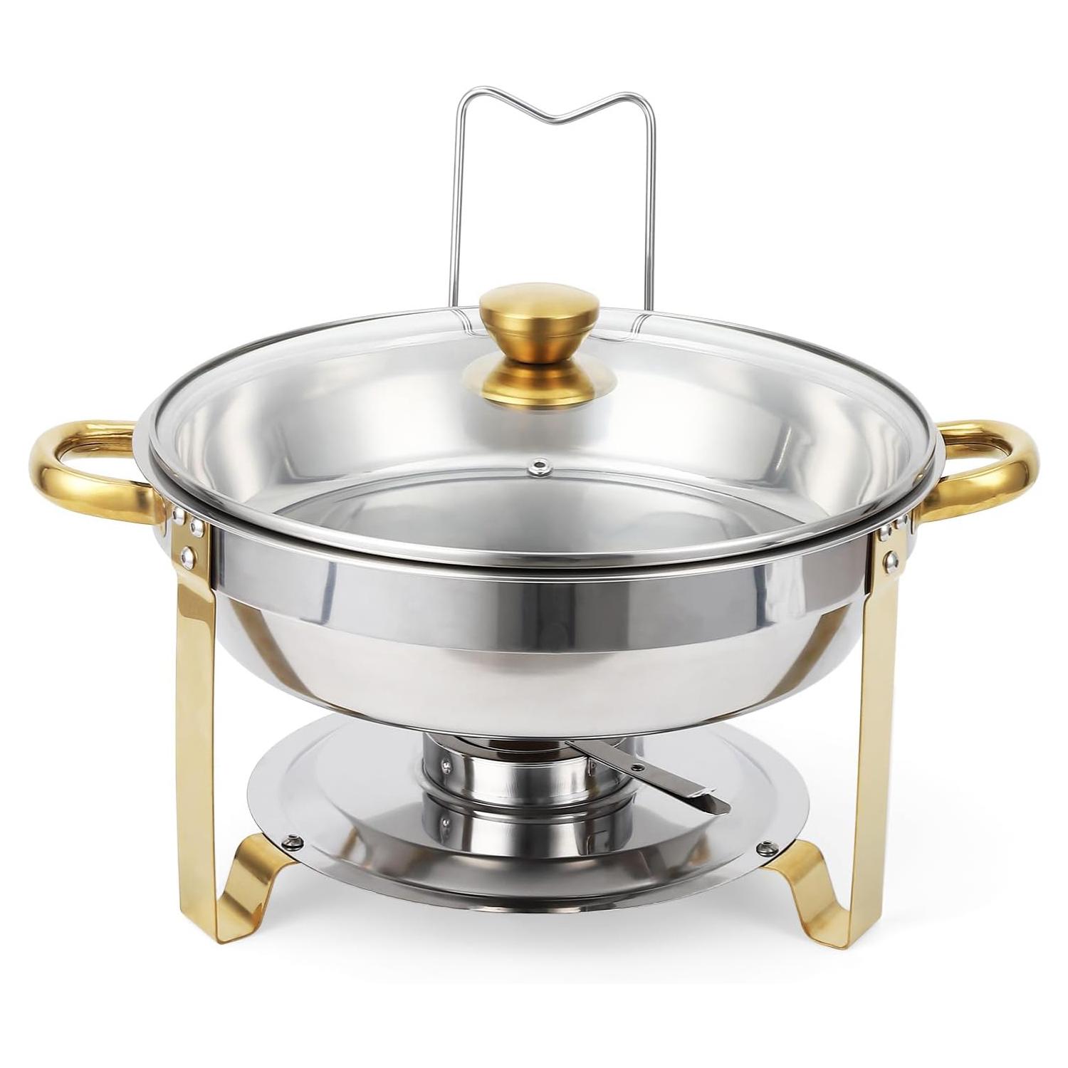 Chafing Dishes for Buffet 4 Pack, 5QT Round Chafing Dish Buffet Set with Visible Glass Lid Stainless Steel Buffet Food Warmers Sets for Wedding Party Banquet, Gold and Silver