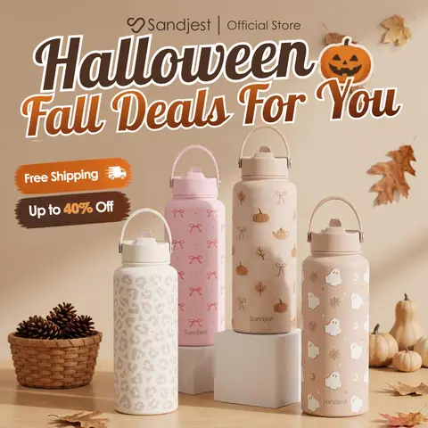 Sandjest Fall Cozy 32oz Sports Insulated Water Bottle with Flip Straw Lid & Handle, Grippy Bottom, Keeps Drinks Cold for 12 Hours, Ideal for Travel School Outdoor Gym, Gifts for Her Women Holidays Christmas #falldealsforyou