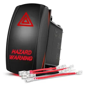 Hazard Warning Rocker Switch 5 Pin Laser On Off SPST switches 20A/12V 10A/24V Red LED Light Emergency w/Jumper Wires Set For Cars,Trucks,Boats,ATVs,UTVs,RVs