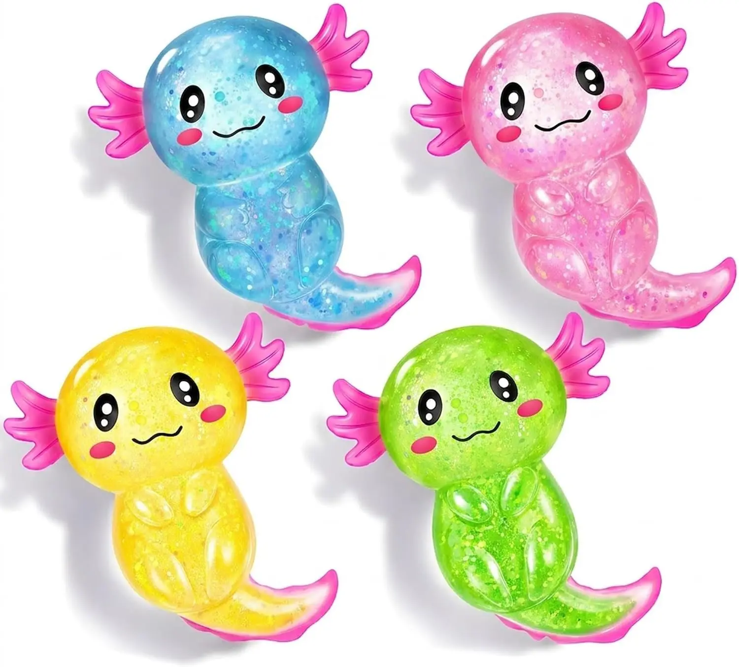 4PCS Axolotl Squishy Stress Relief Toy, Glitter Fidget Toy for Kids, Youth & Adults, Anxiety Relief, Party Favors, Soft Cute Axolotl Toy