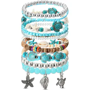 10 count Sea Turtle Starfish Shell Bracelet Beach Ankle Bracelet for Women   Coastal Boho Stackable Beaded Adjustable Stretch  Bahama Souvenir Summer  Accessory