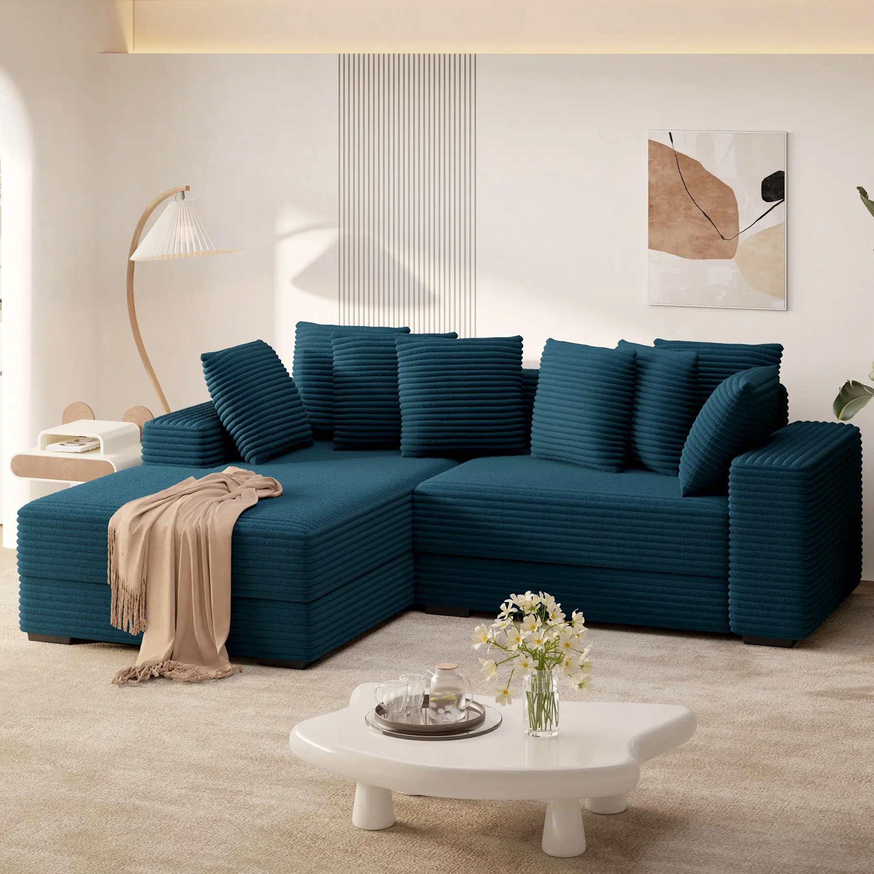【3 Packages shipping】111‘’ Sectional Cloud Couches with L Shaped Chaise, Extra Large Sleeper Couch Reversible Corduroy with 8pcs Pillows for Living Room, Bedroom-Beige