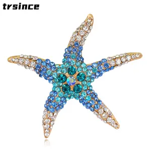JEWEL4U - Luxury Elegant Rainbow Crystal Starfish Brooches Gold Color Rhinestone Alloy Animal Brooch Lady Party Safety Pins Gifts